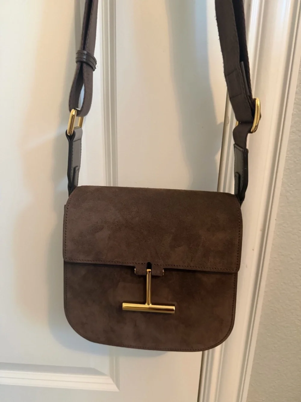 Tom Ford Dark Brown Suede Messenger Bag with Gold-Tone Hardware - Picture 9 of 10